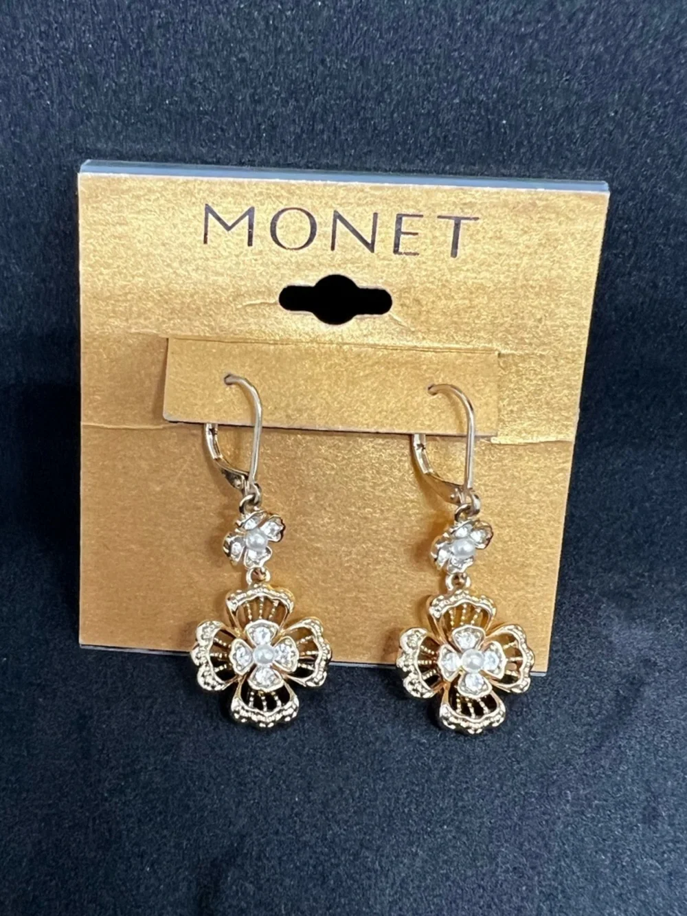 Vintage Monet Gold Tone Rhinestone Double Flower Drop Dangle Earrings Signed